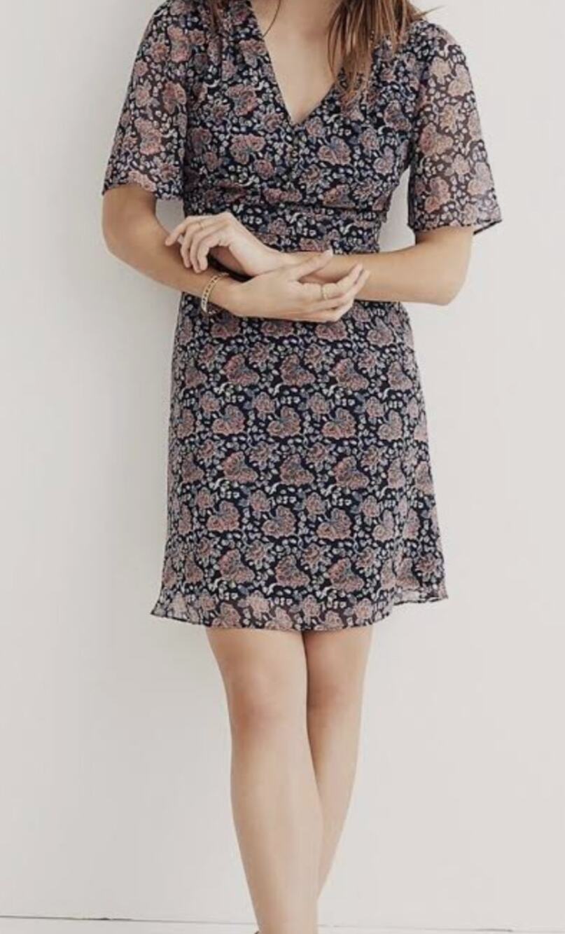 Madewell Floral V‑Neck Short Sleeve Mini Dress Size 00 Blue Pink